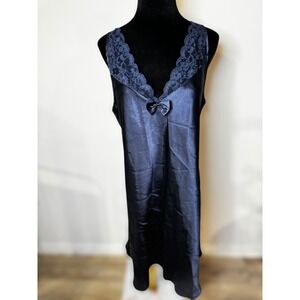 Erika Taylor Vtg Nightgown Navy Blue Lace Trim Bow Detail Satin Slip Dress Women